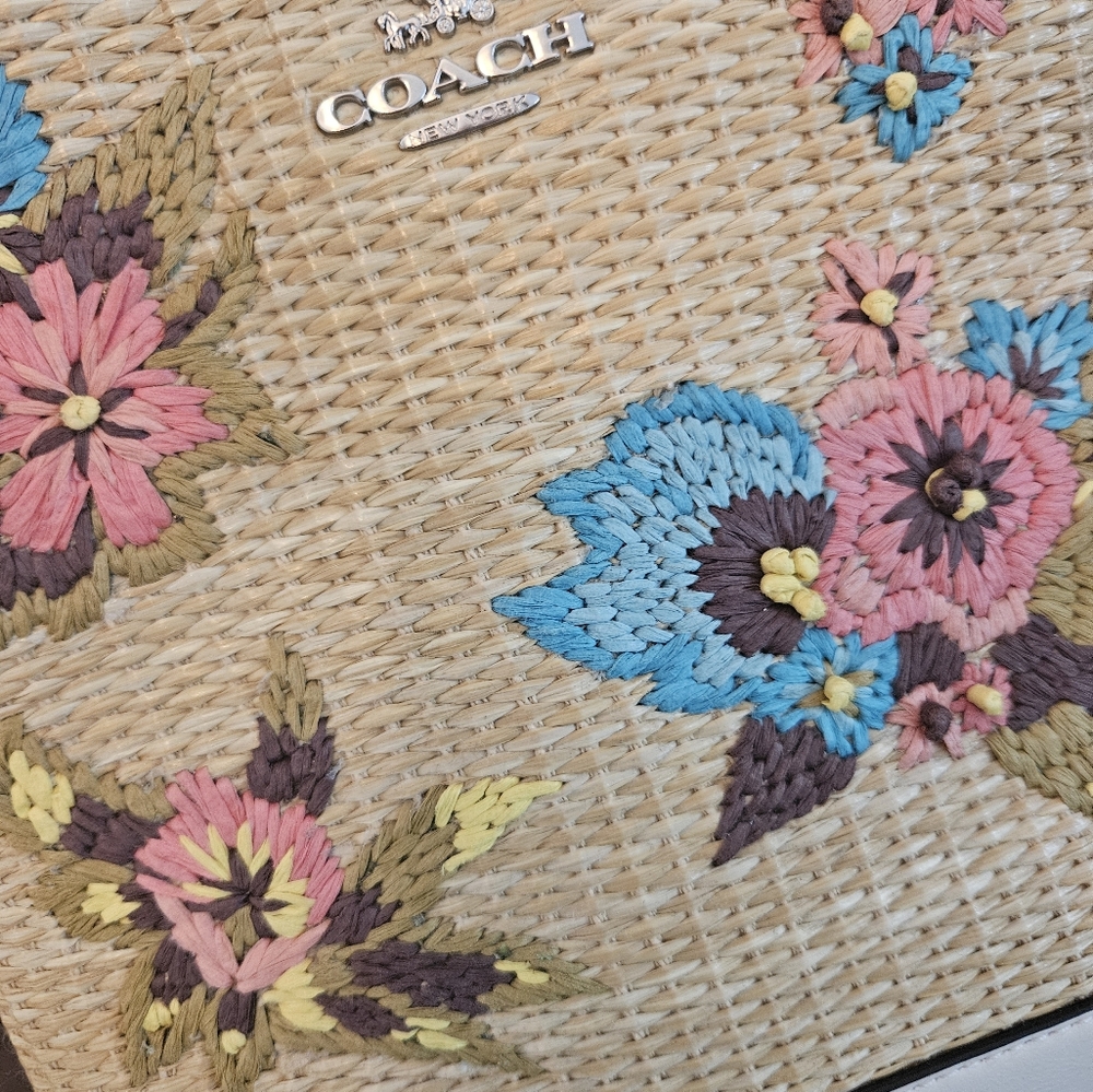 Coach Millie Floral Embroidered Straw Bag - Tan and White - Picture 6 of 9